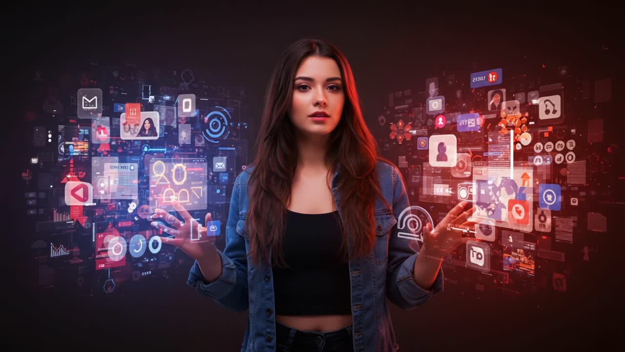 A Young Woman Engaging with Diverse Digital Interfaces in a Futuristic Setting, Exploring the Interplay of Technology and Media in a Vivid, Interactive Display