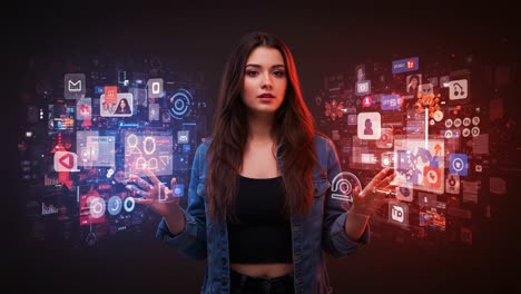 a young woman engaging with diverse digital interfaces in a futuristic setting, exploring the interplay of technology and media in a vivid, interactive display