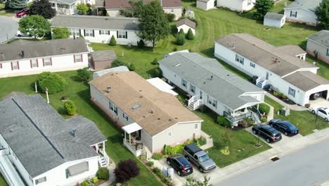 aerial of mobile homes, trailer park, housing tightly compact, aerial drone view, establishing shot of residences in united states of america, usa during summer, low-income manufactured homes