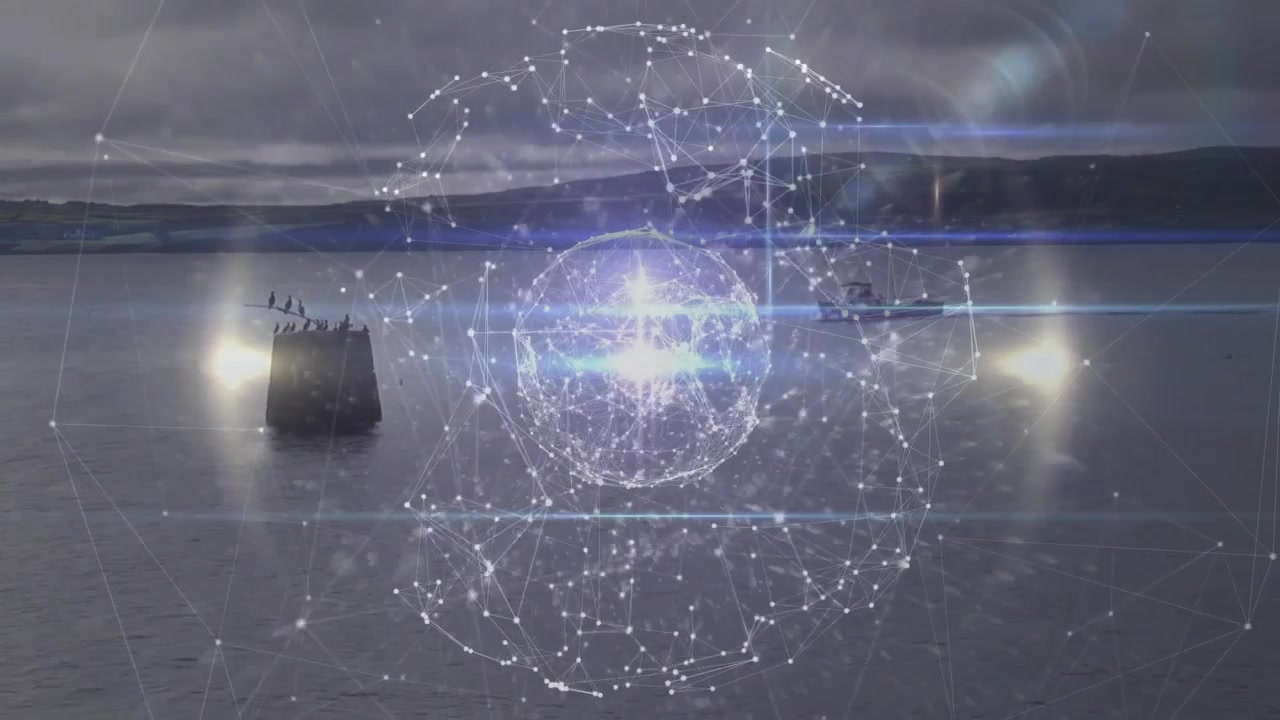 Upon appearing holographic sphere pulsing visualizing network guiding boat through core dissolving
