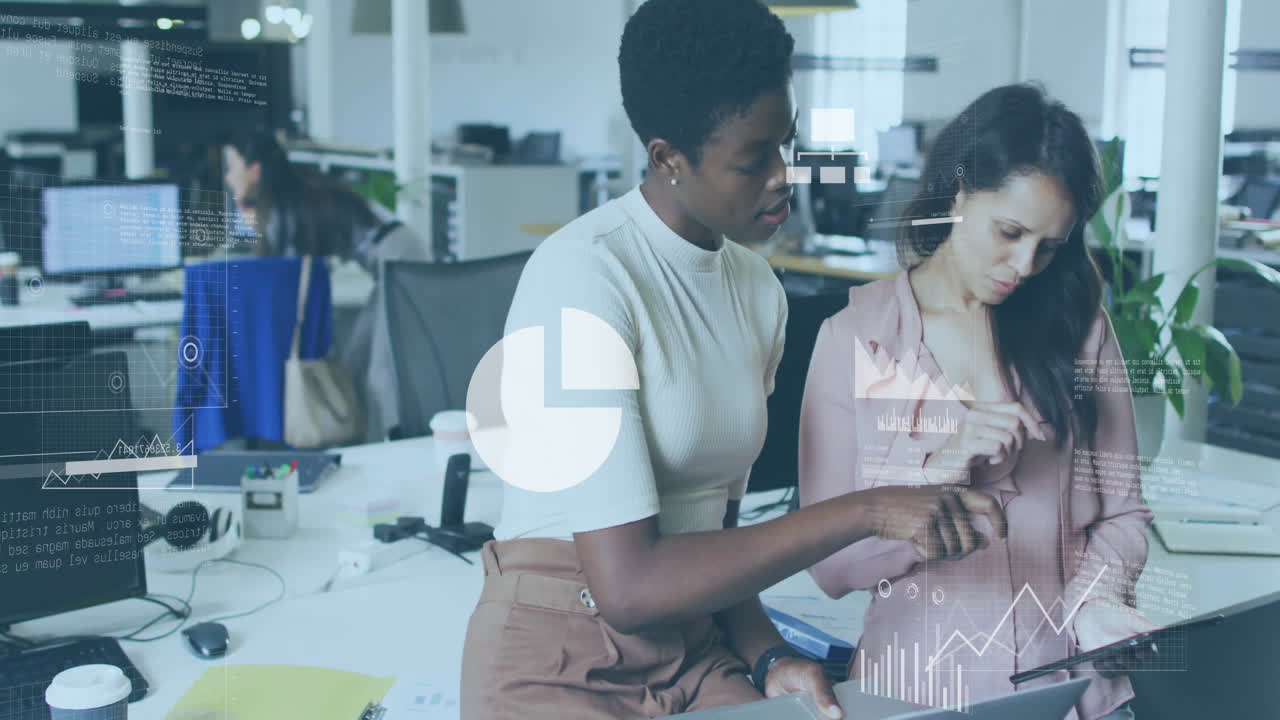 Animation of financial data processing over diverse businesswomen in office