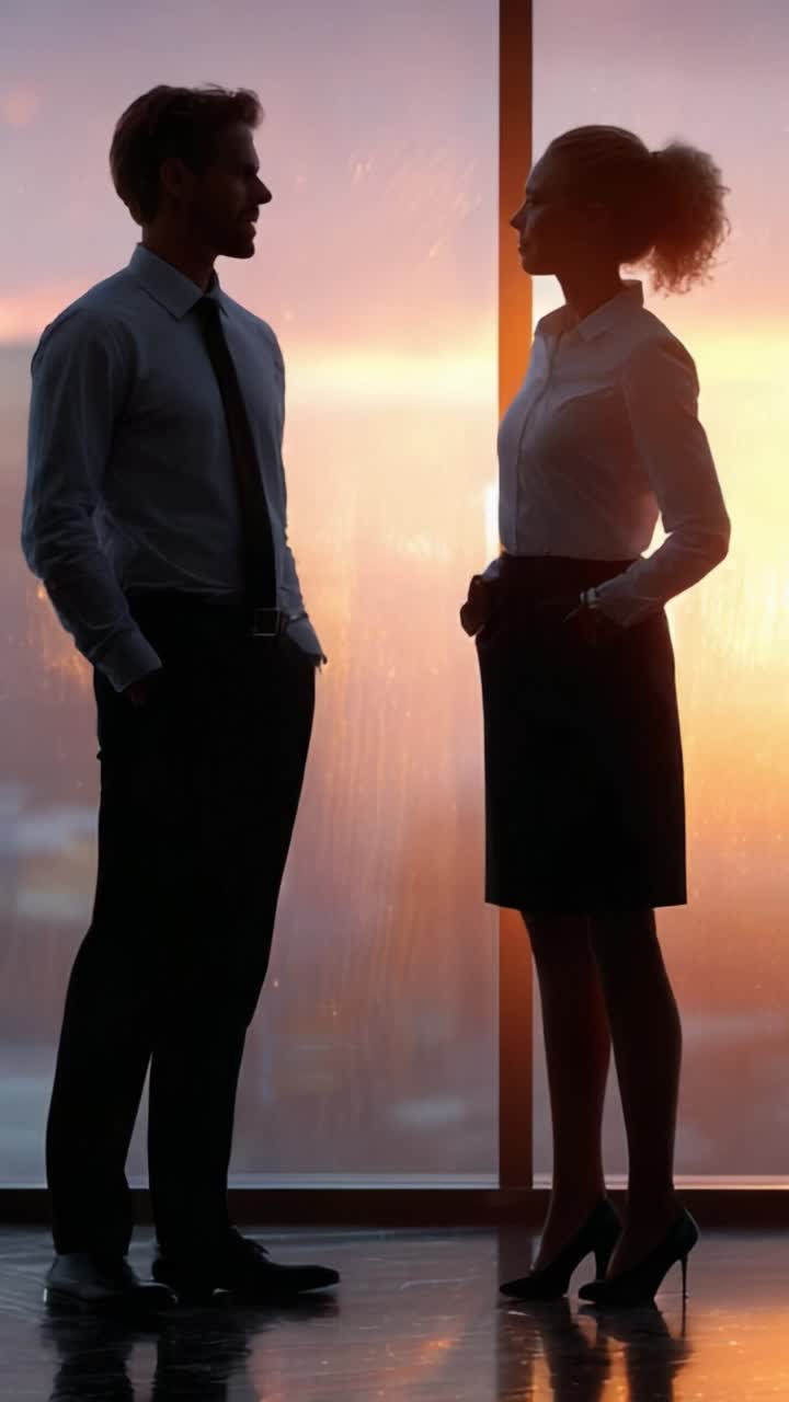 Una conversazione di lavoro al tramonto: due professionisti in silhouette, con un cielo serale colorato sullo sfondo, impegnati in un dialogo significativo