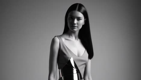 stunning portrait of a model showcasing modern fashion in a stylish black and white setting with striking pose and expression