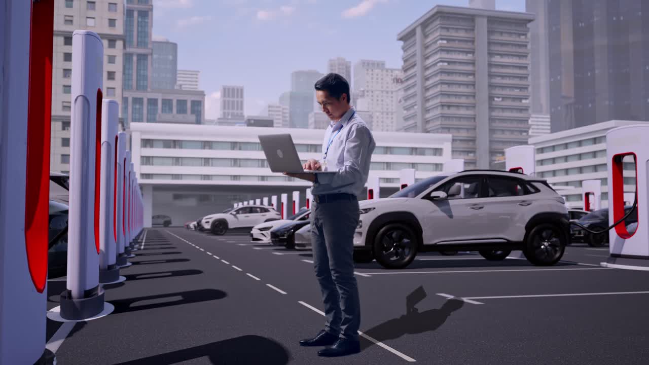 Full Body Side View Of An Asian Male Professional Worker Standing With His Laptop, Electric Vehicles Charging at Modern City Station, Typing On His Laptop'S Keybaord With Meditation