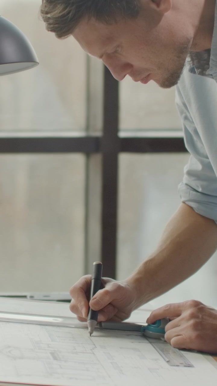 Architect Drawing Technical Blueprints on Drafting Table