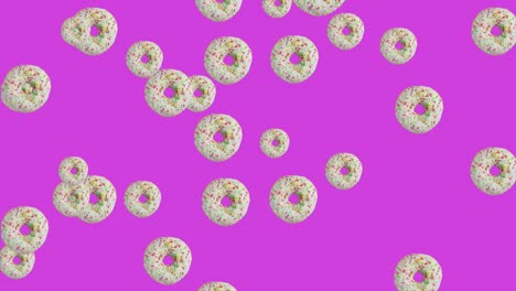 muchas rosquillas vidriadas cayendo sobre un fondo púrpura, video de animación en 3d.