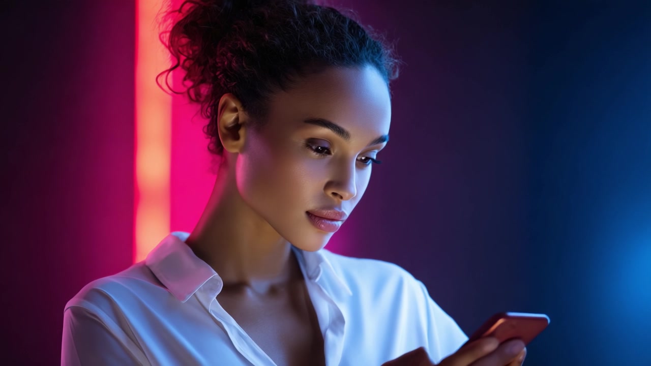 Momento accattivante: una giovane donna assorta nel suo smartphone tra luci vivaci e un'atmosfera contemporanea, che riflette concentrazione e uno stile di vita moderno.