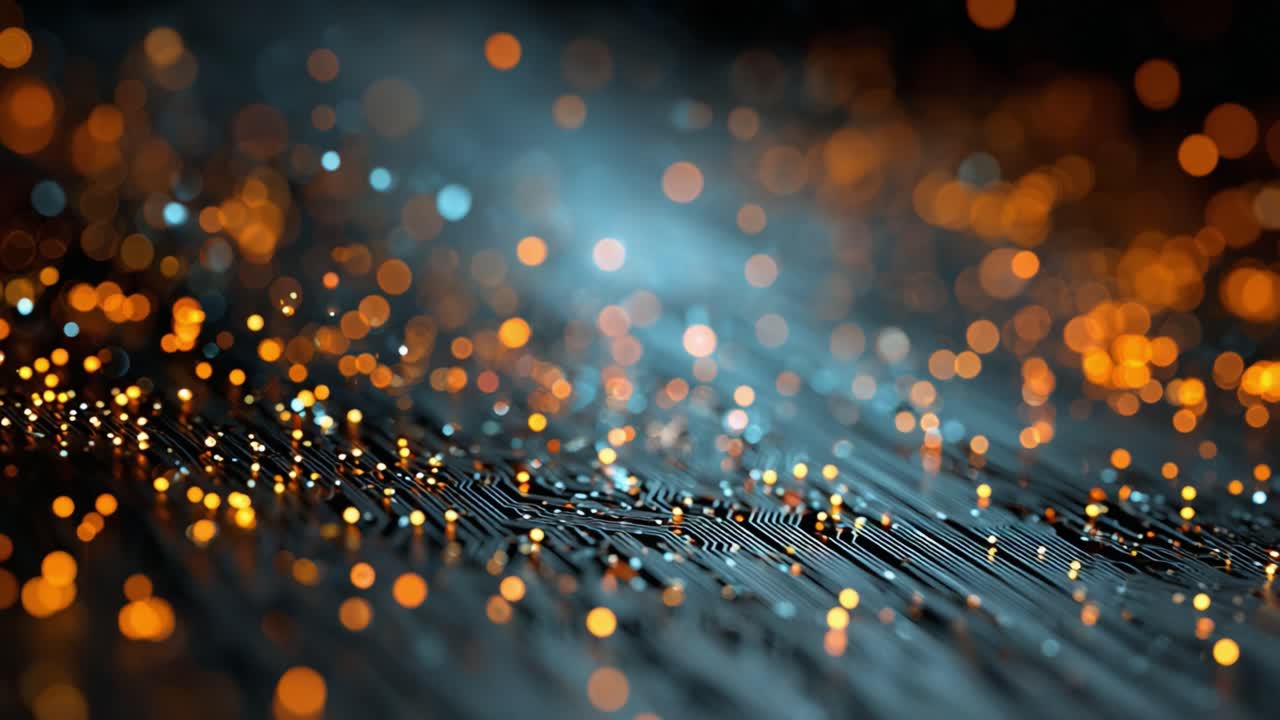 A Stunning Panoramic View of a Circuit Board Illuminated by Glowing Bokeh Lights, Capturing the Fusion of Technology and Art in an Abstract Display