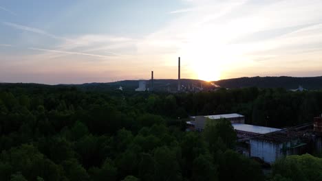 aerial view of coal fired power plant at sunset
