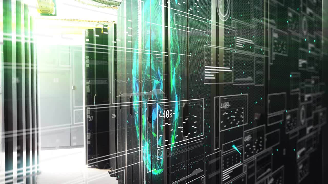 Holographic overlays materializing on racks, panels updating and column pulsing visualizing data