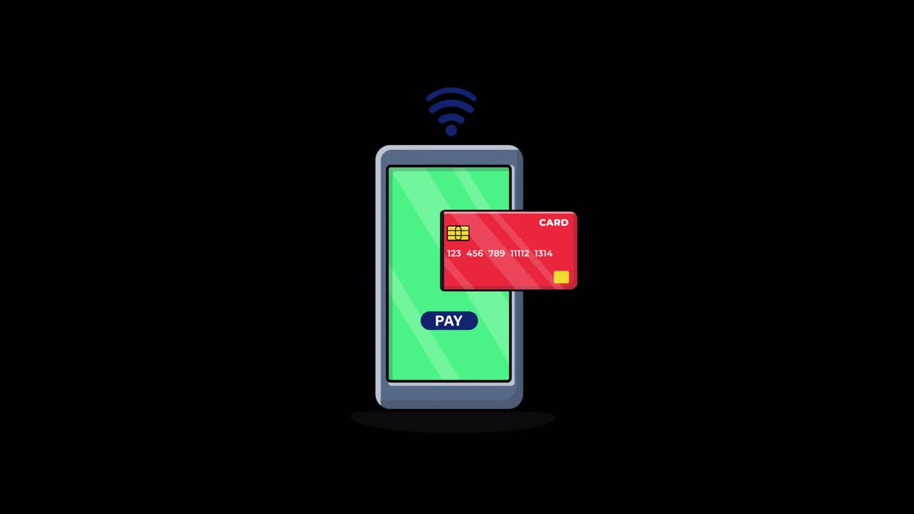 Pagamento mobile animato tramite smartphone e carta di credito