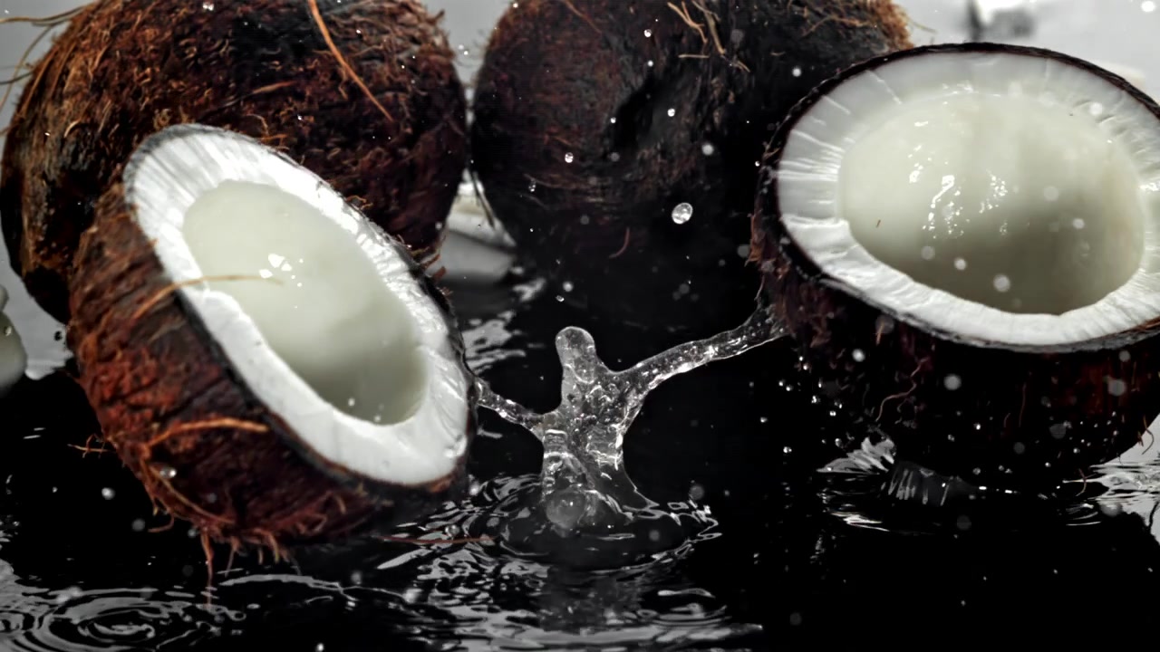 Slow Motion of Coconuts Splitting and Splashing in Water