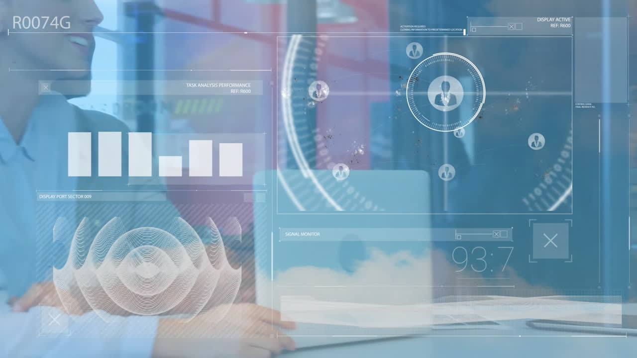 사무실에서 다양한 사업가에 대한 범위 스캔과 데이터 처리의 애니메이션