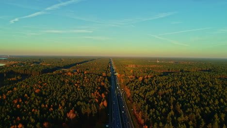 high aerial footage following a highway through the vast pine forests of latvia