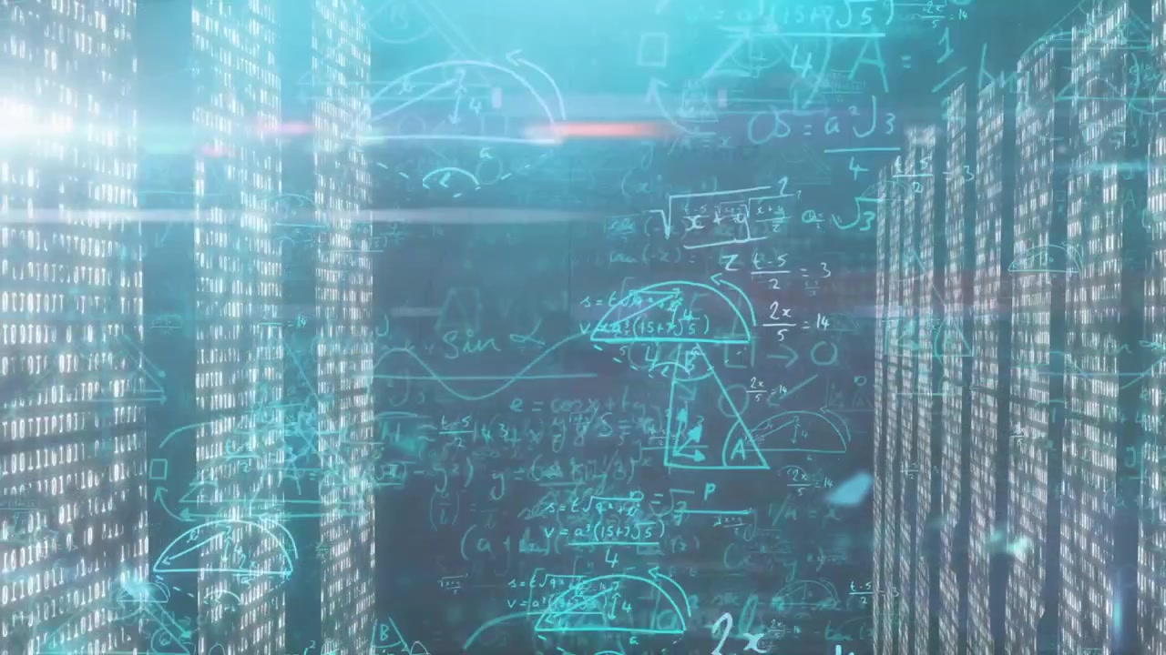 Camera gliding through binary tunnel, math holograms appearing and shifting for data visualization