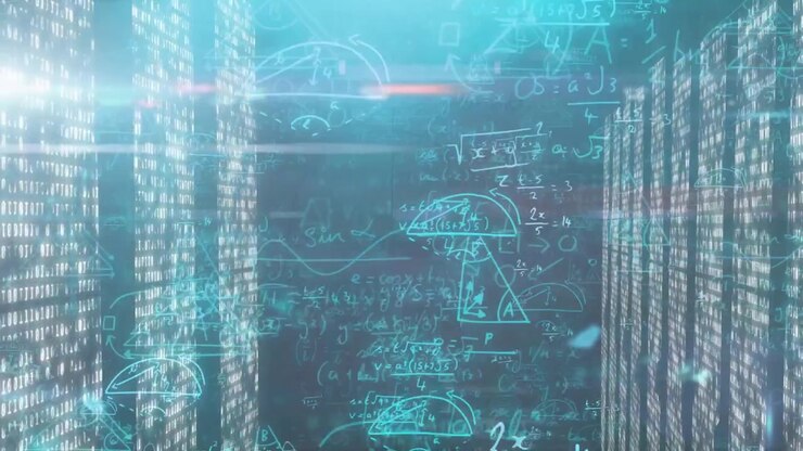 Camera gliding through binary tunnel, math holograms appearing and shifting for data visualization