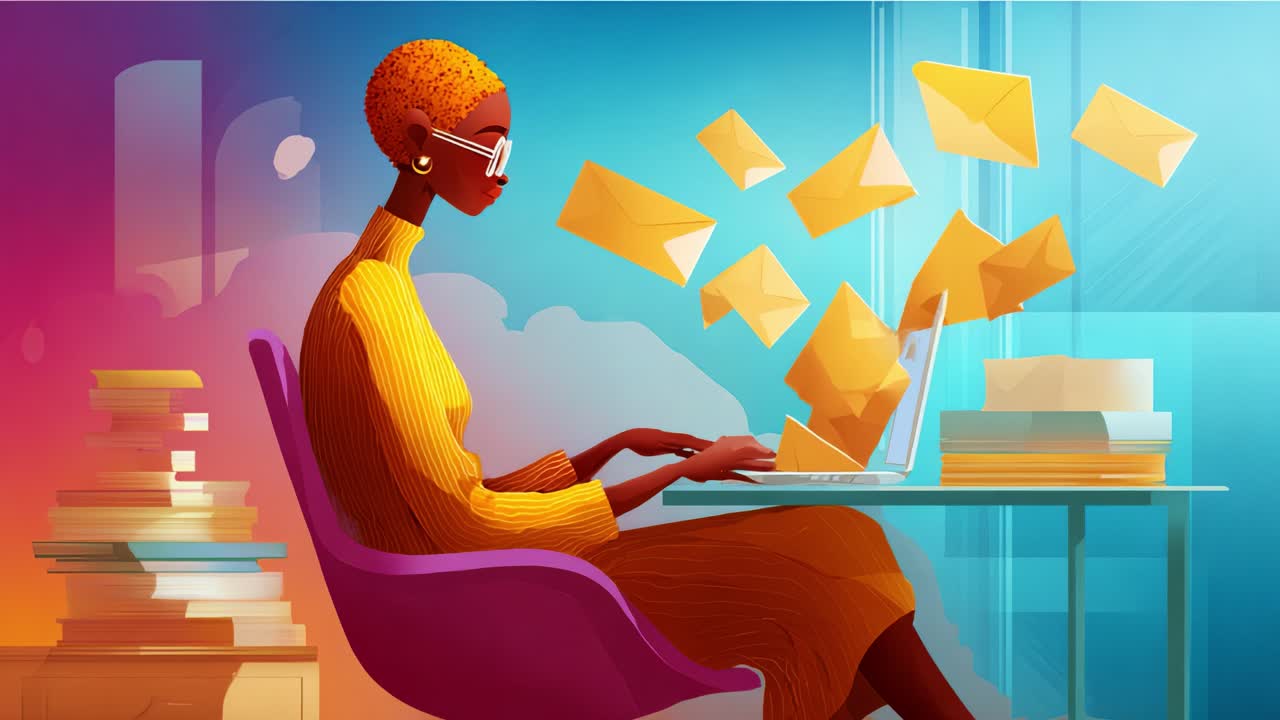 Un'illustrazione di una persona concentrata che lavora diligentemente in uno spazio di lavoro moderno, circondata da lettere, che incarna l'essenza della produttività e della creatività in un ambiente vivace