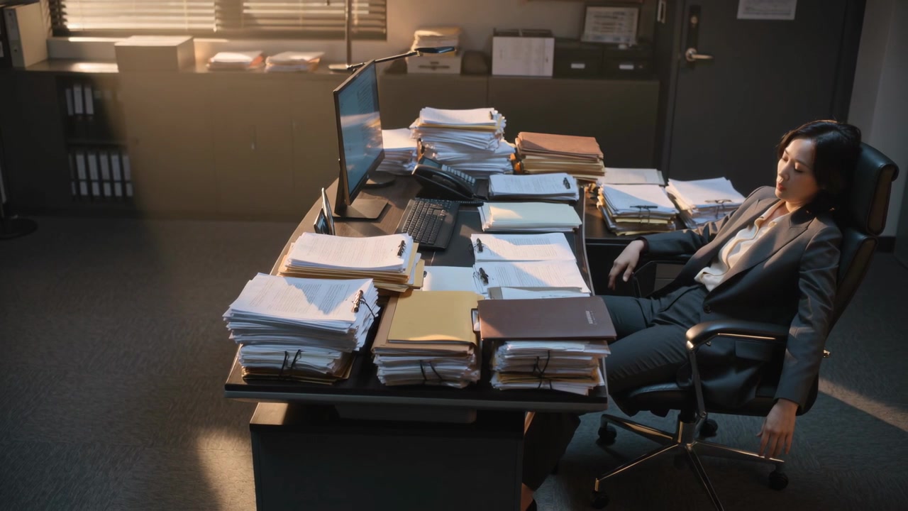 Noticing stacked folders, woman rubbing temples and reclining at large desk, in blazer, copy space