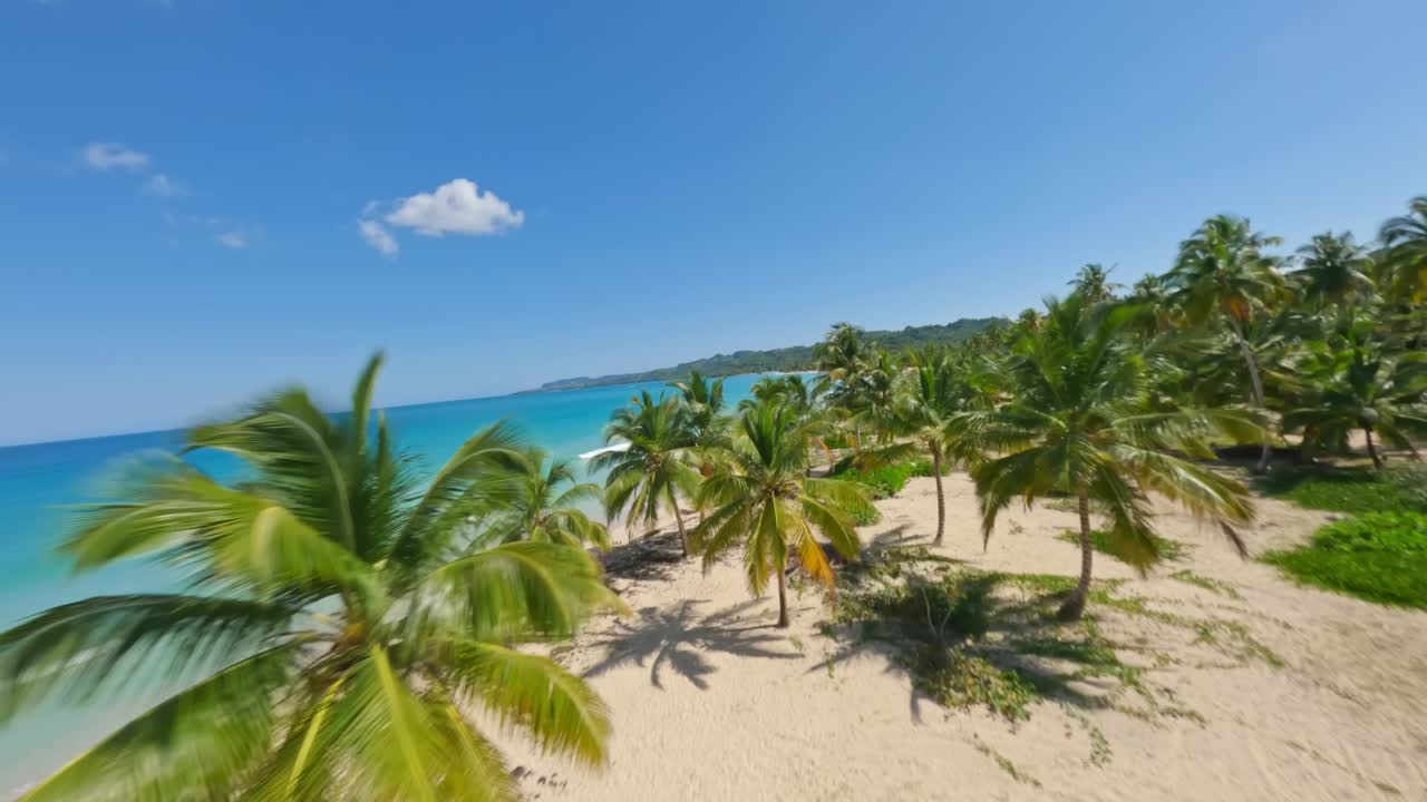 Chuyến bay drone FPV qua bãi biển nhiệt đới Playa Rincon với biển xanh ngọc và hàng cọ