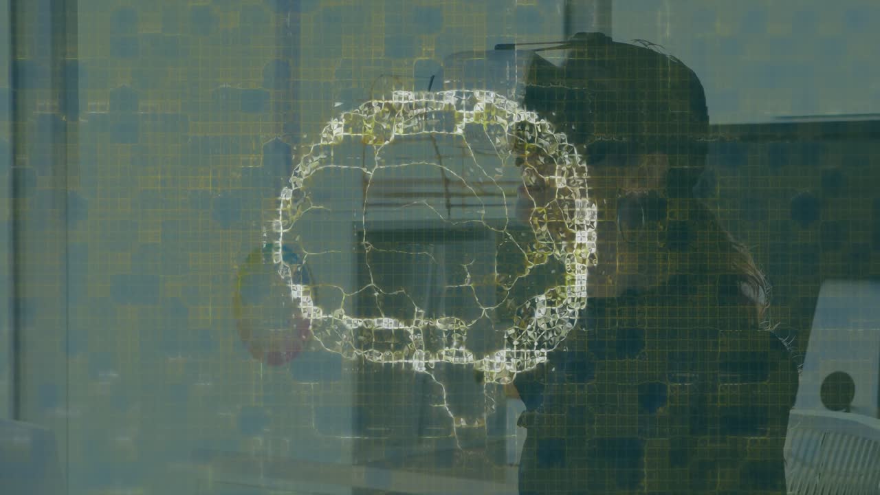 Animation of human brain and medical data processing over businesswoman wearing vr headset