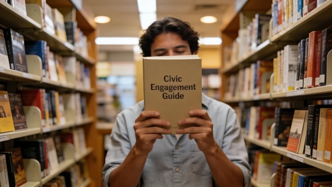 En mand i lyseblå skjorte holder en beige Vejledning i Samfundsengagement, sænker bogen og studerer på biblioteket.