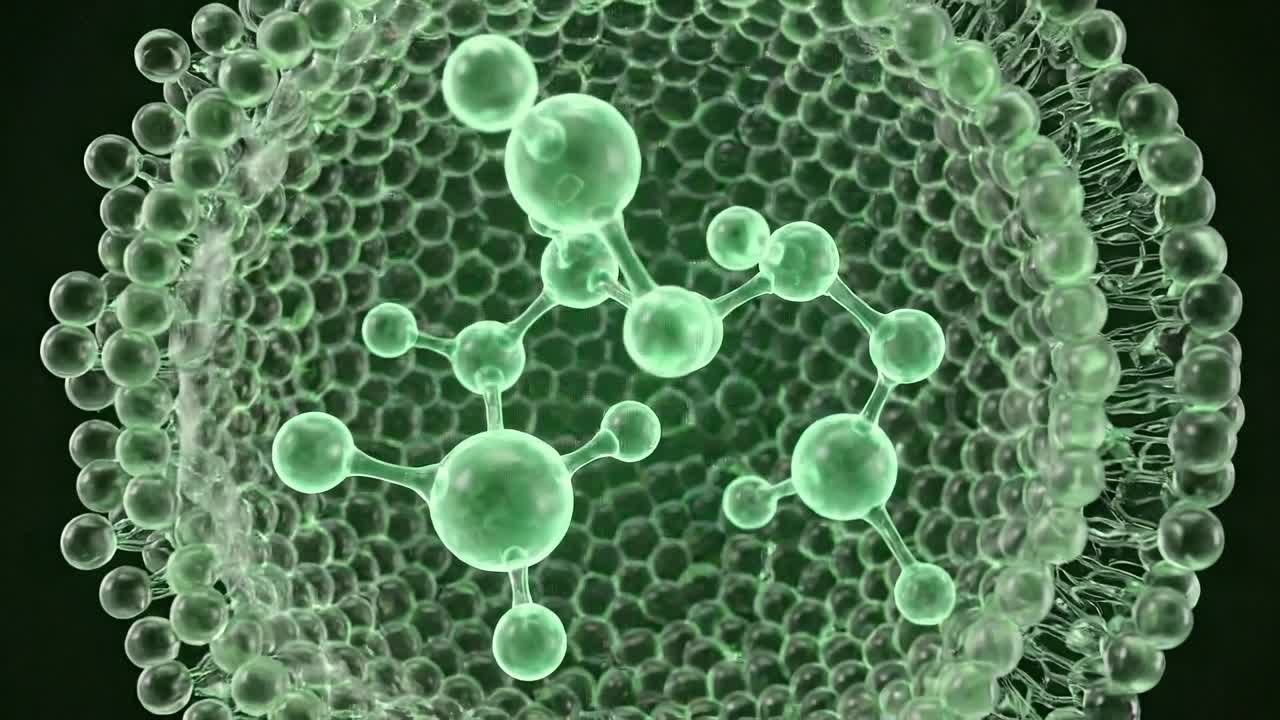 Sfera di membrana cellulare verde con rete molecolare all'interno che rappresenta processi e struttura biologici.