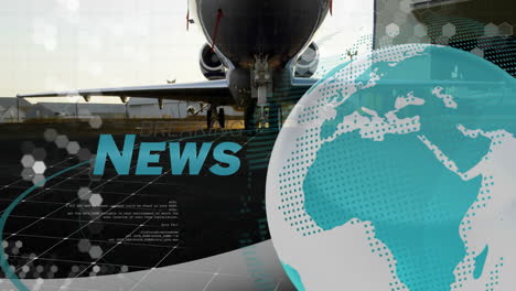 breaking news animation over airplane and digital globe background in motion