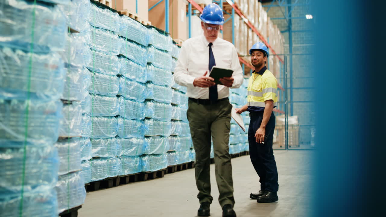 Warehouse Supervisor and Worker Shaking Hands During Inspection