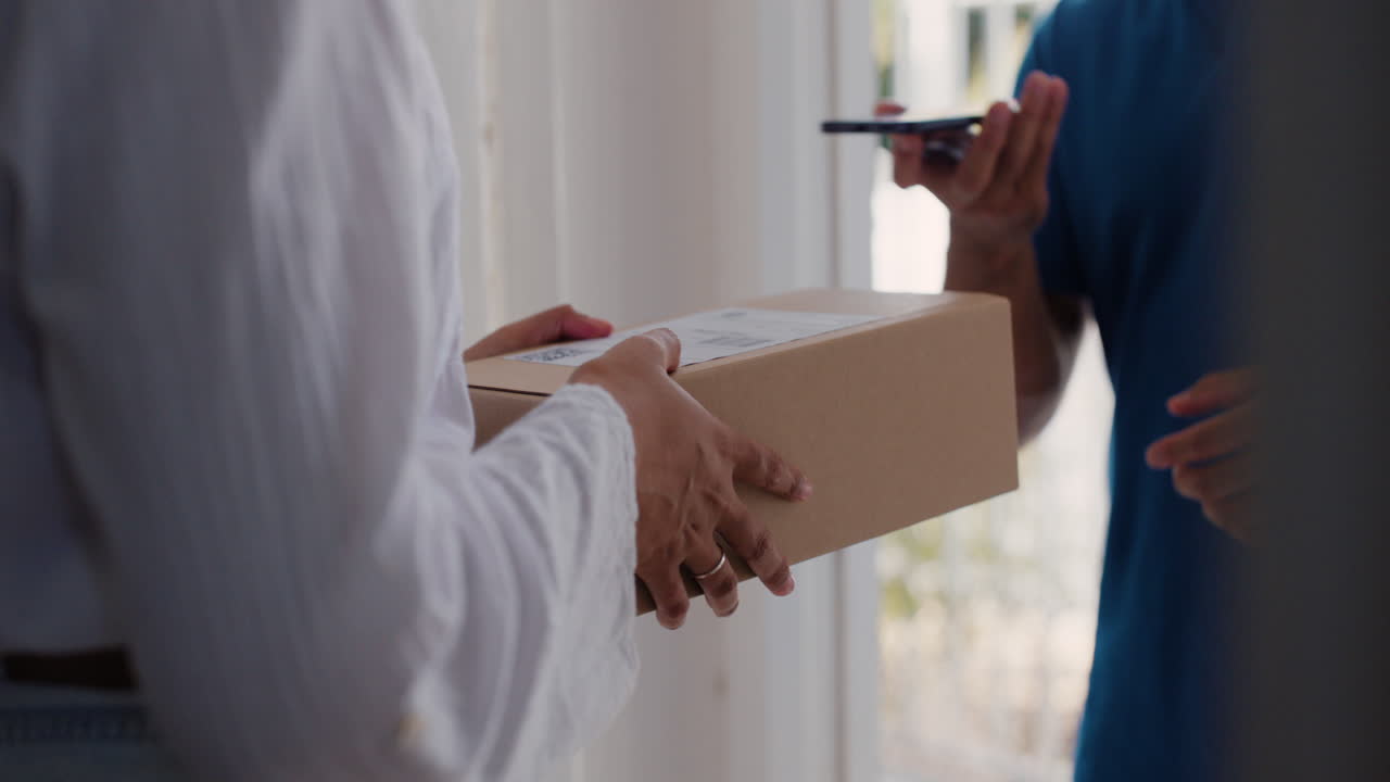 Delivery, package and person hands with digital