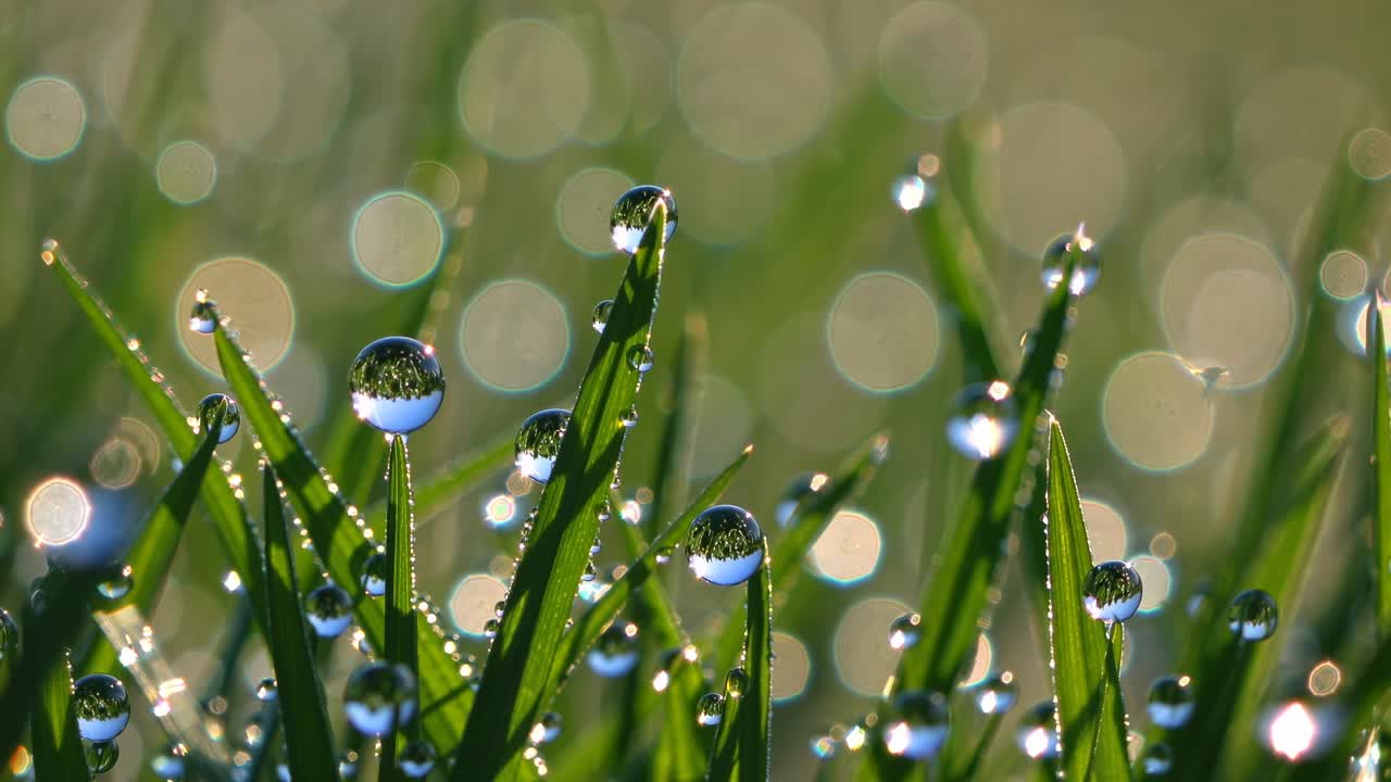 Close-up, low-angle shot of dew-covered grass blades, capturing sparkling droplets