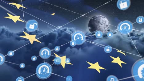 Animation-of-network-of-connections-with-icons-over-flag-of-european-union-and-sky