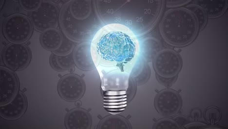 Animation of bulb with brain over brown background with clocks