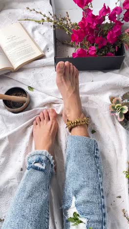 barefoot woman with anklet and flowers