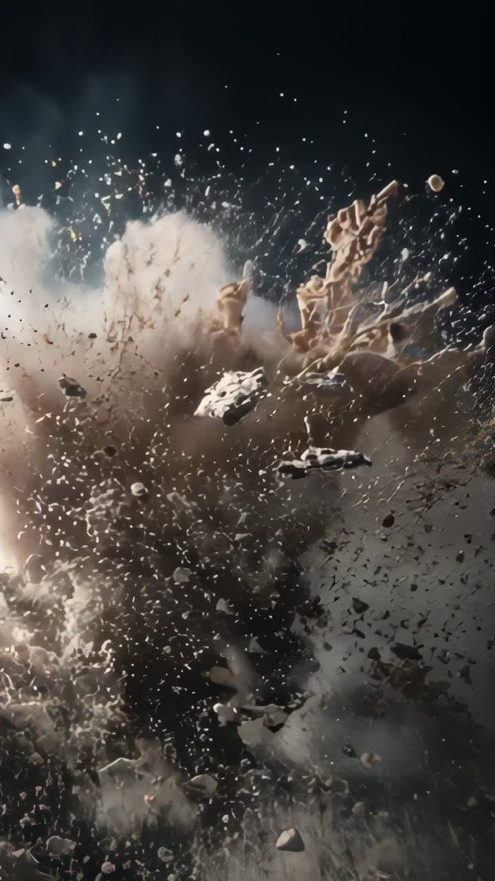 Vertical video: Fragmenting rock mass sending fragments and dust cloud into void, after explosion