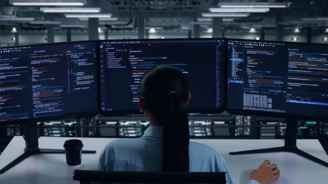 Back View Of Tired Asian Woman Developer Stretching While Write Code With Multiple Computer Screens In Data Center