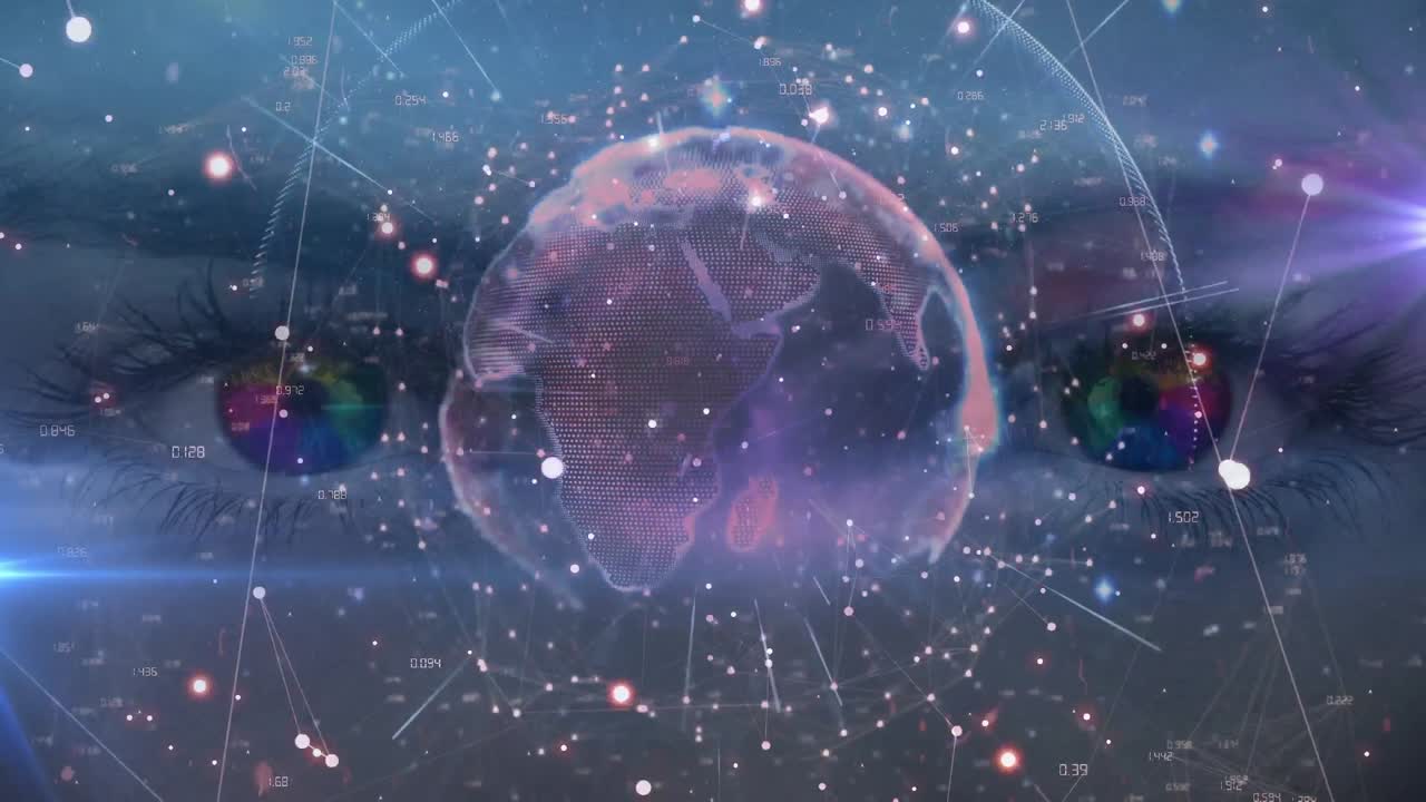 여성 눈의 클로즈업에 대해 회전하는 지구에 대한 연결 네트워크의 디지털 애니메이션