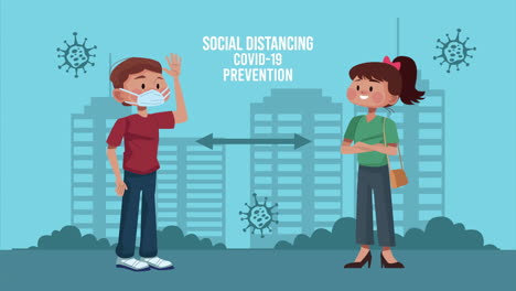 pareja con distanciamiento social mensaje de prevención de covid-19 en la ciudad
