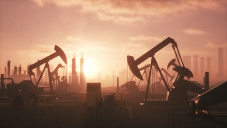 many oil pumps at sunset. stop working oil pump jacks