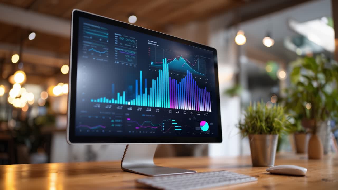 Modern Workspace with Computer Displaying Colorful Data Visualizations and Analytics Graphs in a Stylish Office Setting
