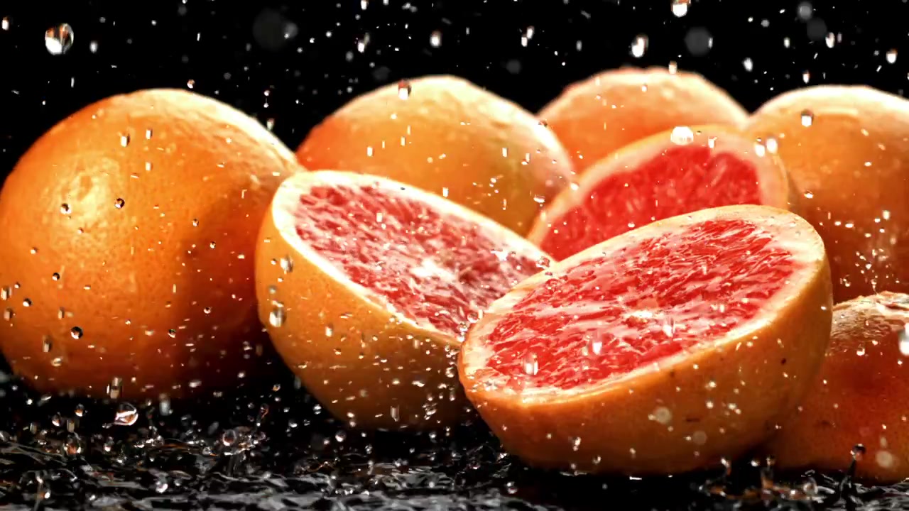 Metà di pompelmo rosso fresco con schizzi d'acqua al rallentatore