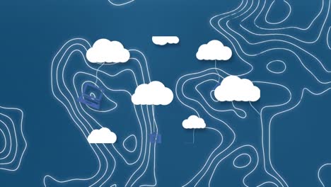 animation of clouds with technology icons over graphs and isohypses on blue background