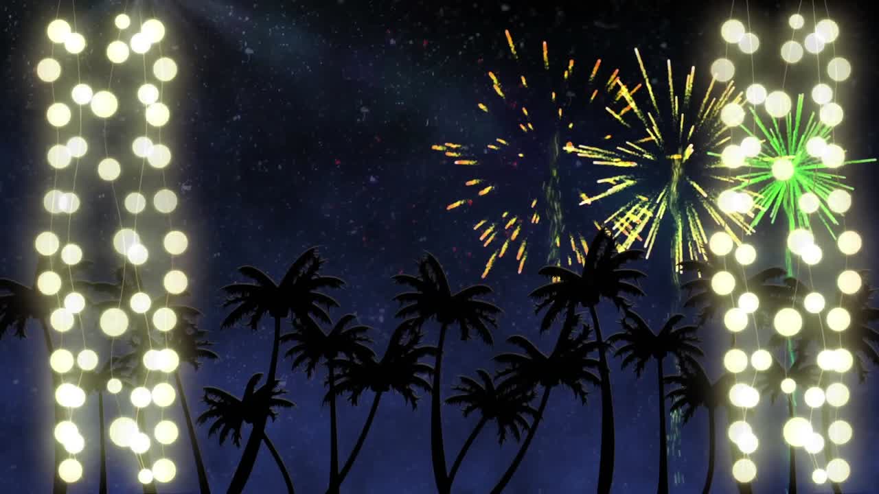 cadenas brillantes de luces de hadas con fuegos artificiales