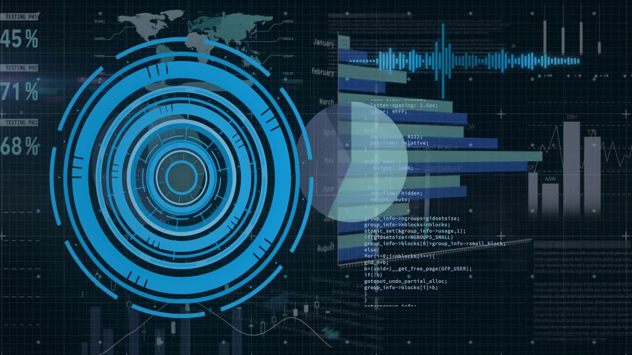 블랙 배경에 금융 데이터 처리 및 범위 스캐닝의 애니메이션
