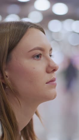 mujer pensativa mirando a su alrededor en un interior de centro comercial brillantemente iluminado con luces de colores borrosas en el fondo, evocando una sensación de contemplación y maravilla