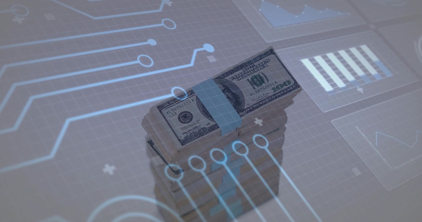 On frame start, USD stack blue-strap being overlaid by pulsing fintech HUD suggesting data flow