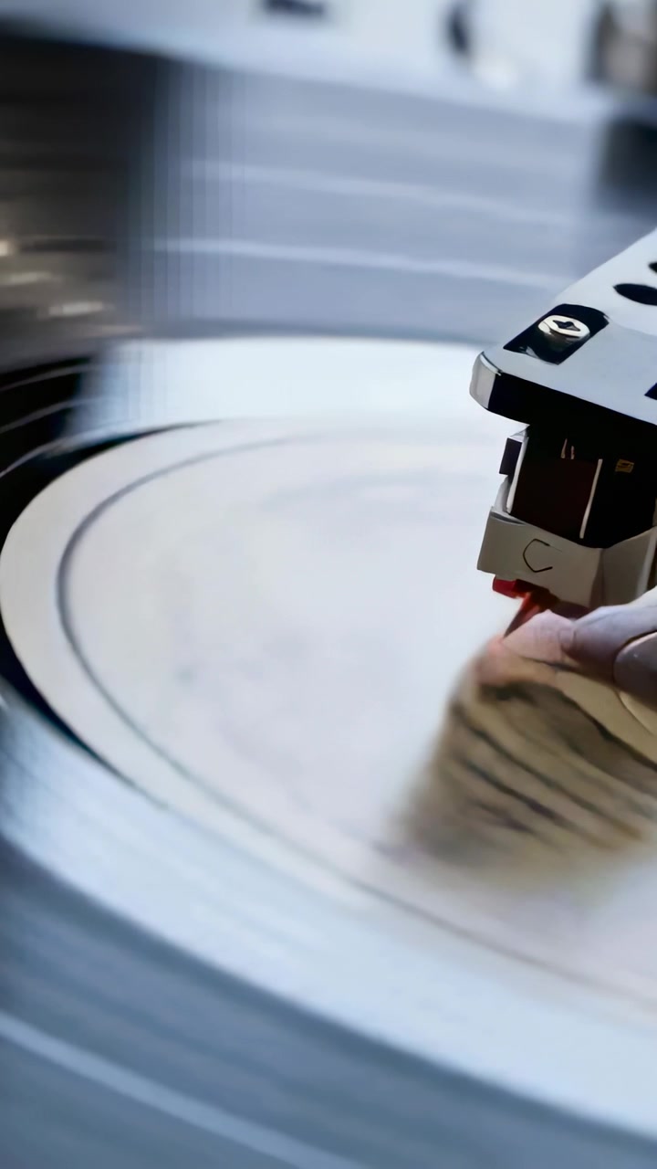 Vertical video: Spinning record cueing hand lowering cartridge on table, stylus settling to play