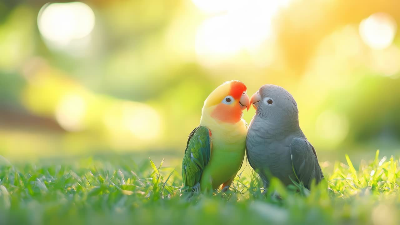 Ângulo de vídeo em close-up de dois papagaios coloridos na grama, banhados pela luz quente do sol, capturando uma cena serena