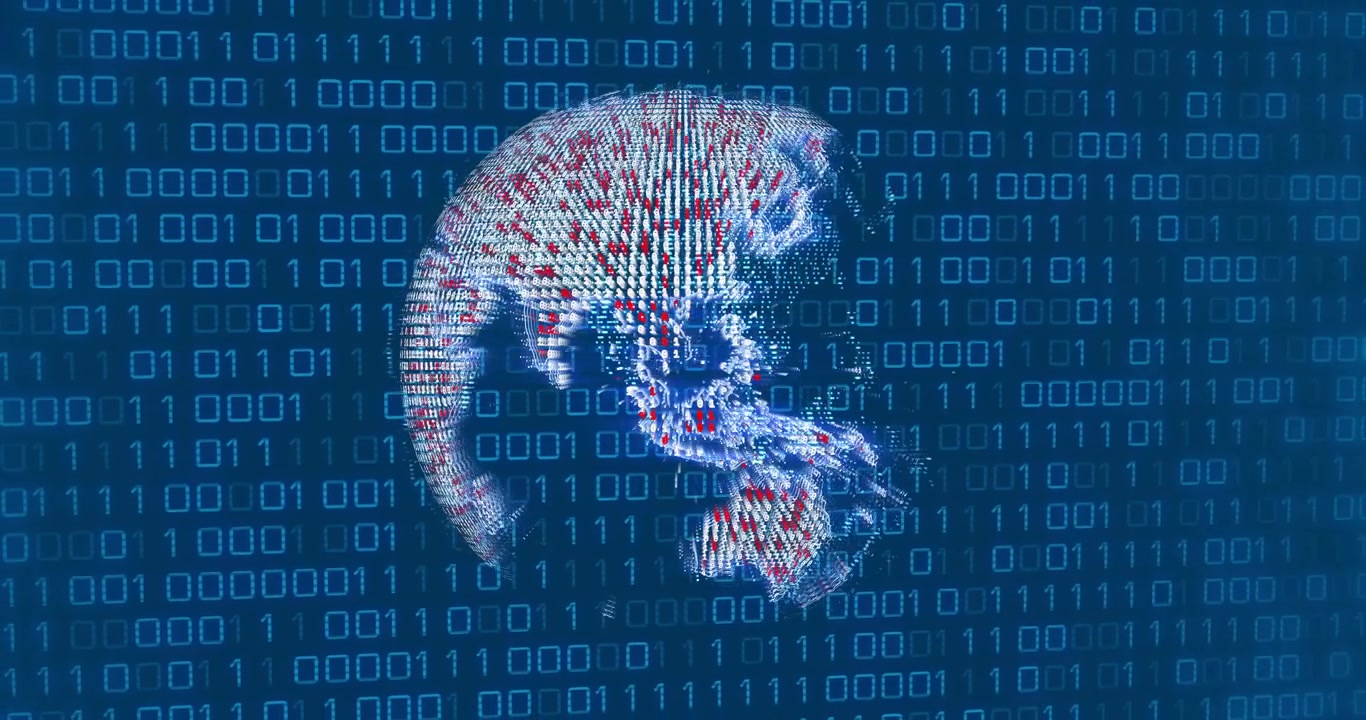 Starting from dark binary grid pixels forming rotating globe pulsing rebuilding showing data flow