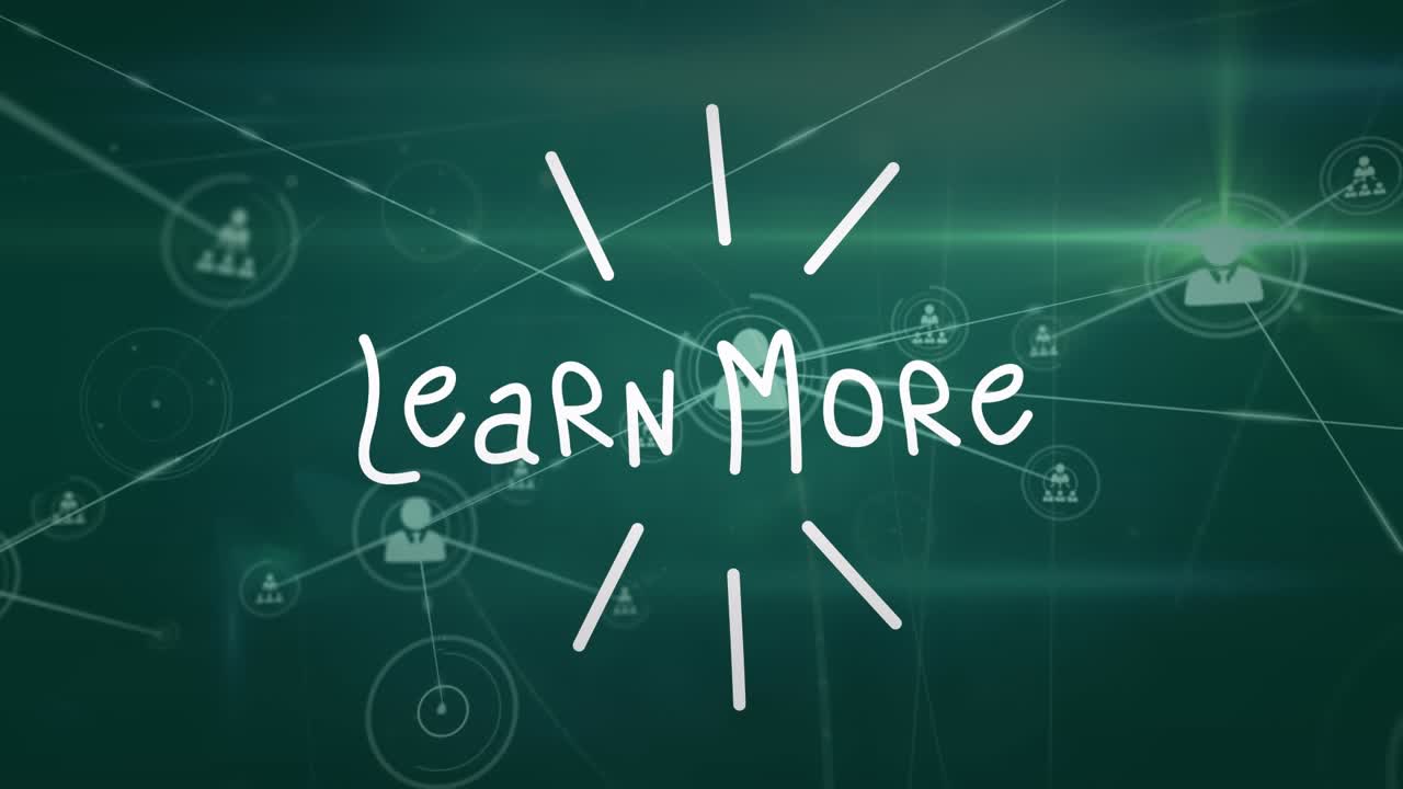 Animation of learn more over lens flare and profile icons interconnected with lines