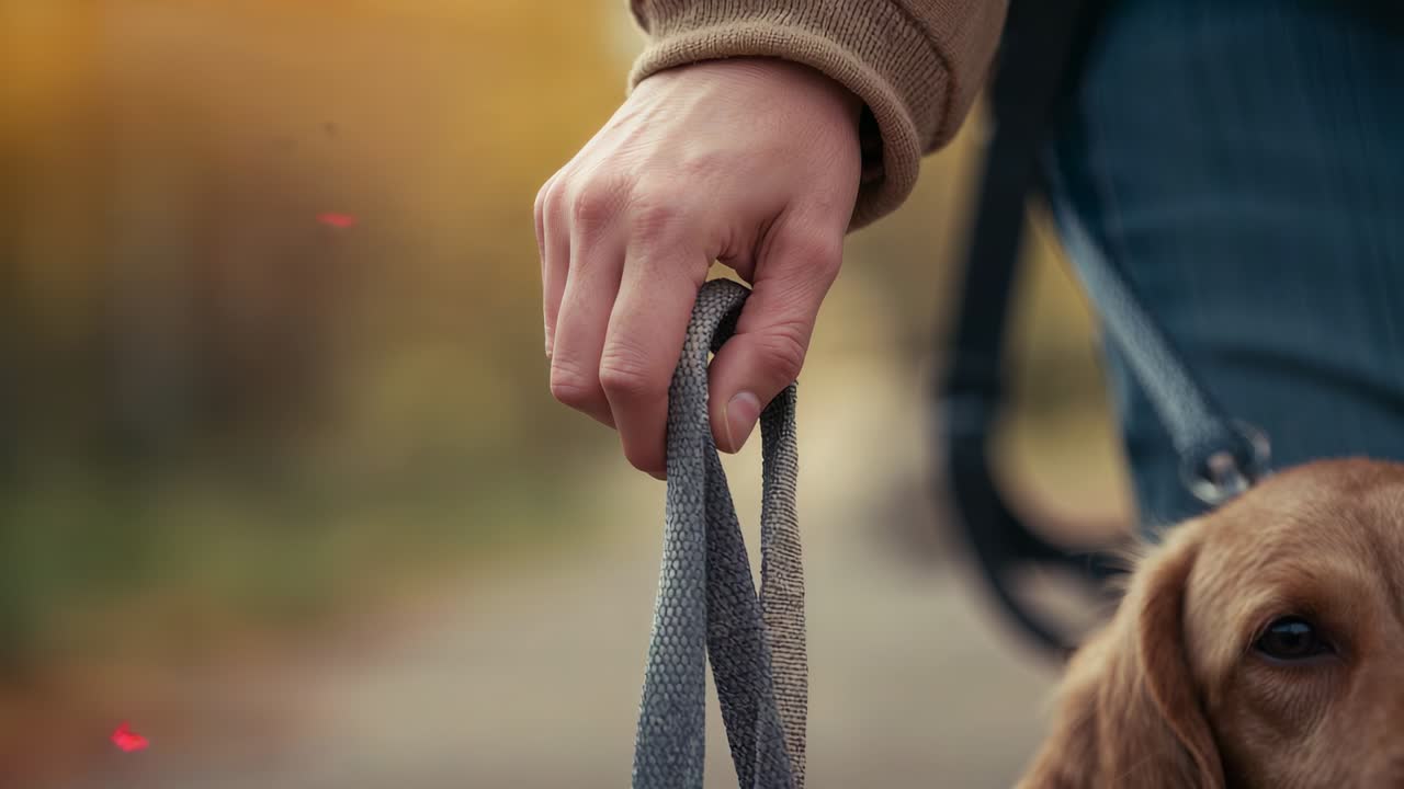 Gripping owner's tan-cuffed right hand holding gray leash on path, preparing for walk, brown dog